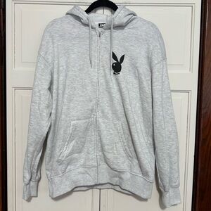 Playboy Bunny Logo Full Zip Hooded Gray Sweatshirt size small
